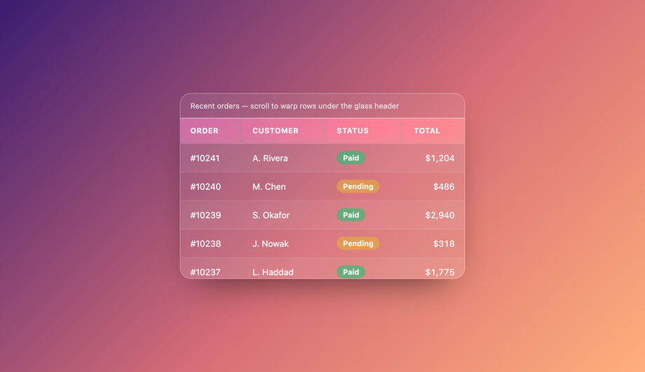 Data Table with Glass Header — preview