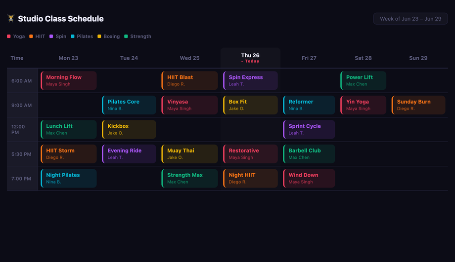 Fitness Weekly Timetable — preview