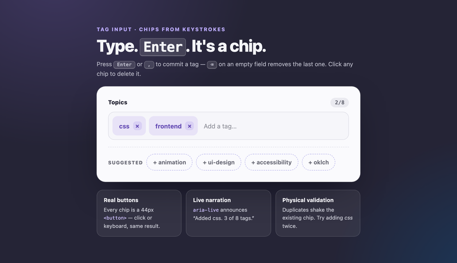 Interactive Tag Input Field CSS — preview
