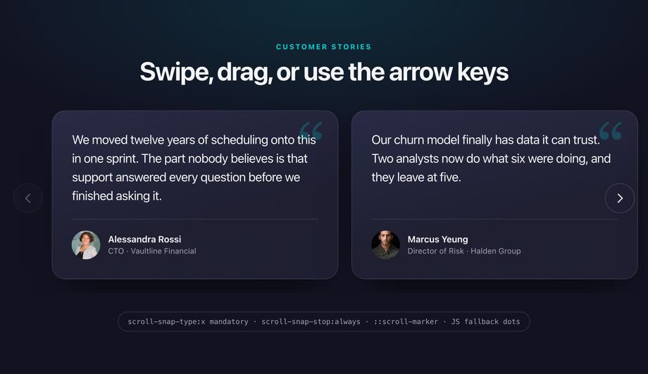 Testimonial Carousel with Snap Scroll & Dots — preview