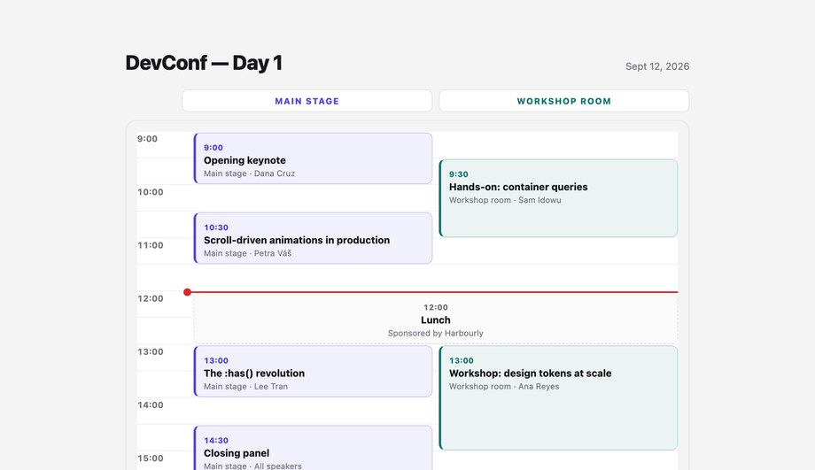 Conference Agenda Timeline — Hour Grid with Parallel Tracks — preview