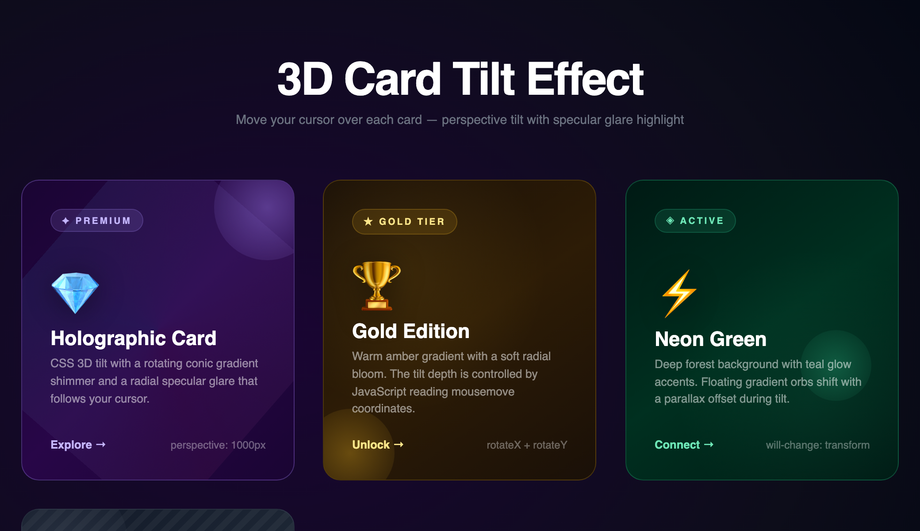 Card Tilt 3D Hover — preview