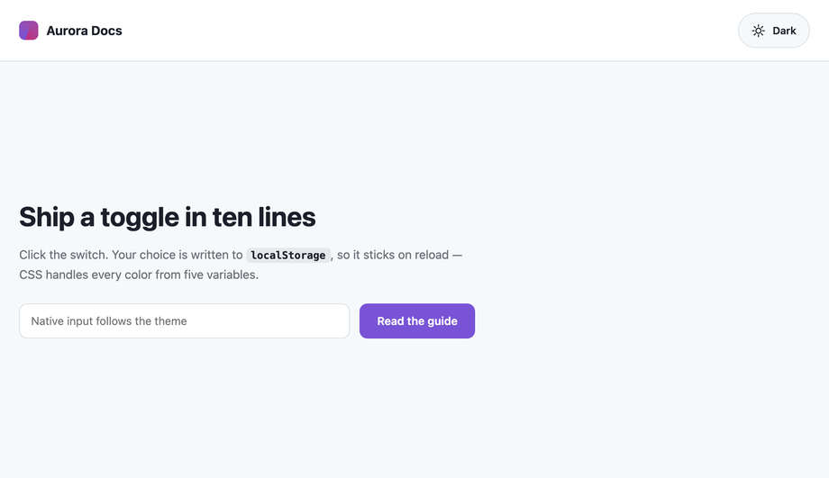 CSS Variable Dark Mode Toggle with data-theme Attribute and localStorage Persistence — preview