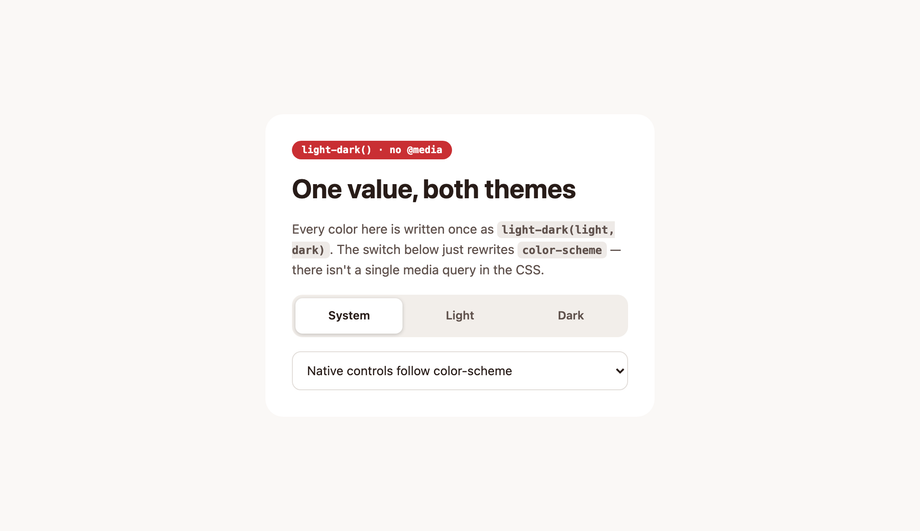 Modern Native Dark Mode with the CSS light-dark() Function and color-scheme — preview