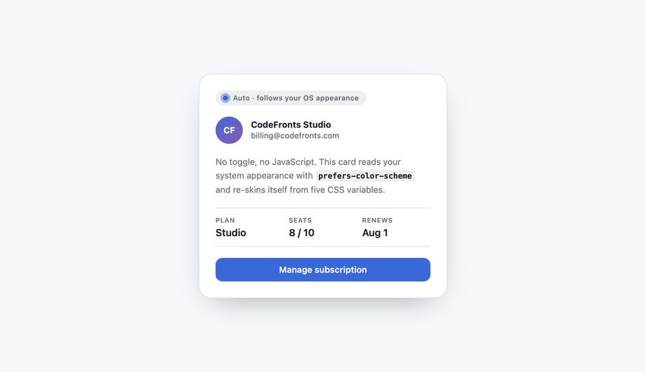 Pure CSS Automatic Dark Mode with prefers-color-scheme and Custom Properties (Zero JavaScript) — preview