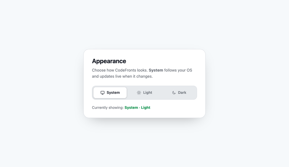 Three-Way Theme Switcher (System, Light, Dark) with matchMedia and CSS Custom Properties — preview