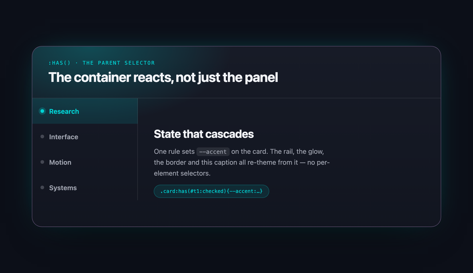 Vertical Tabs with :has() Active State (No JS) — preview