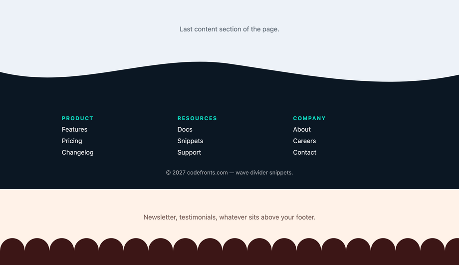 CSS wave section divider footer transition — preview