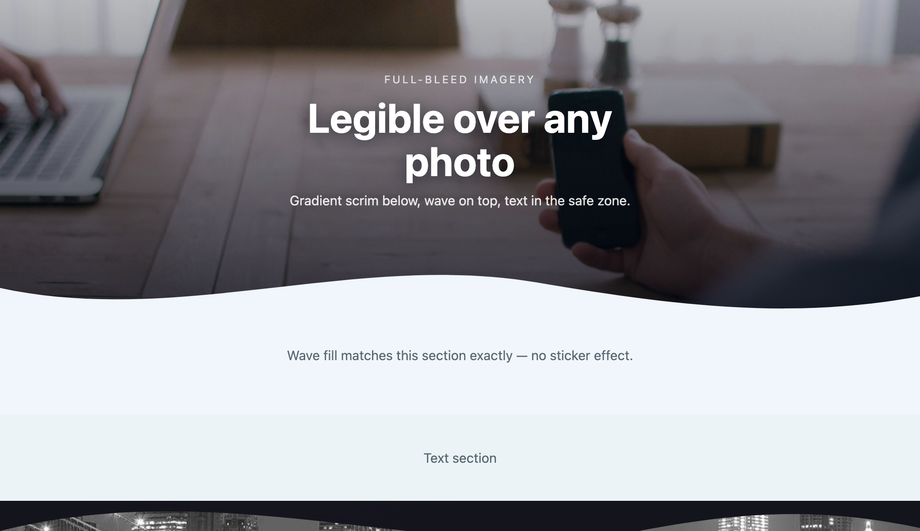 CSS wave section divider with overlay background image — preview