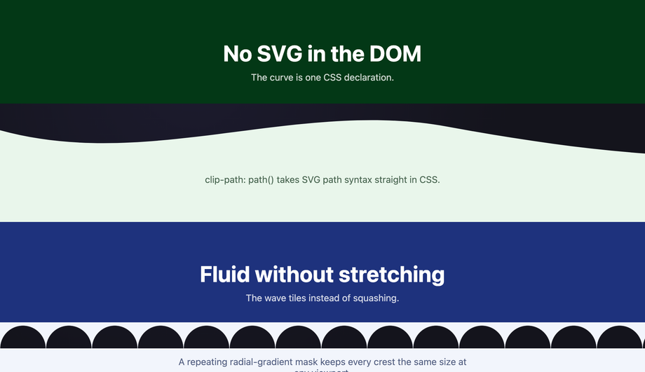 Pure CSS clip path wave divider without SVG — preview