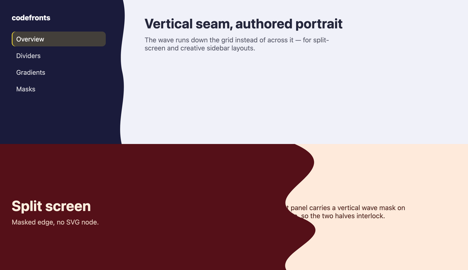Vertical wave CSS divider side navigation — preview